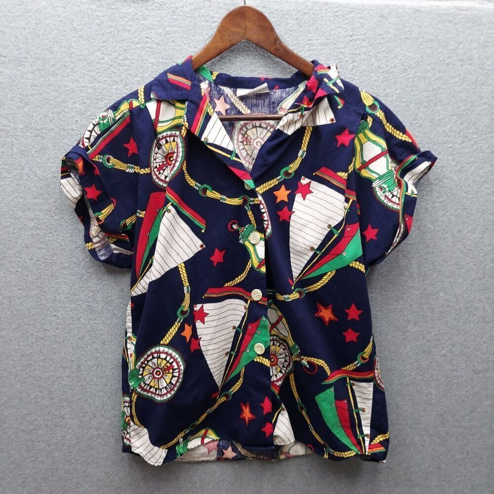 Vintage Laura Mae Nautical‎ Print Button-Up Blouse With Short Sleeves Navy Red &